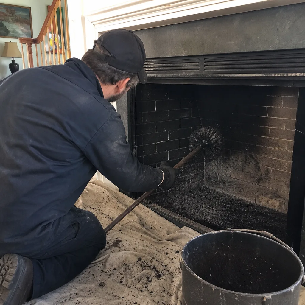 Professional chimney sweep cleaning a dirty fireplace brick interior