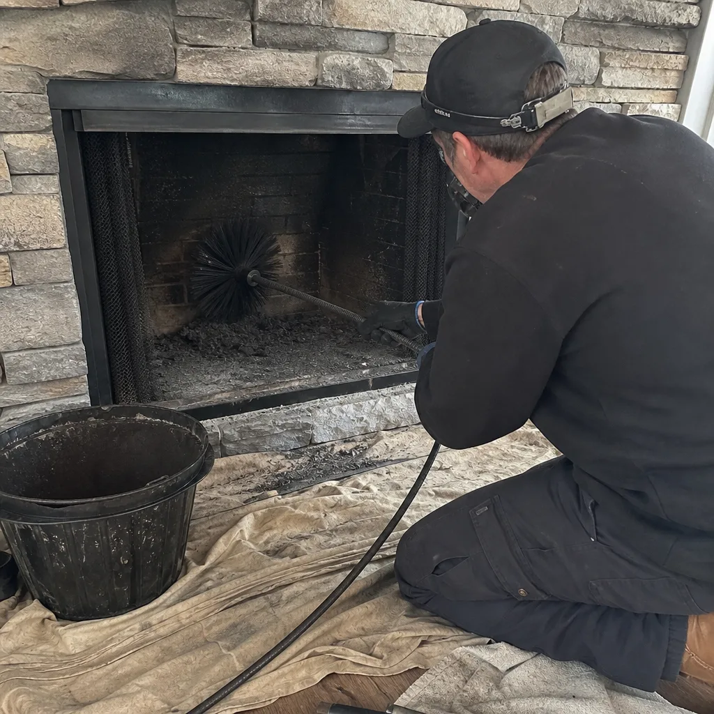 Professional chimney sweep cleaning a fireplace with a rotary brush