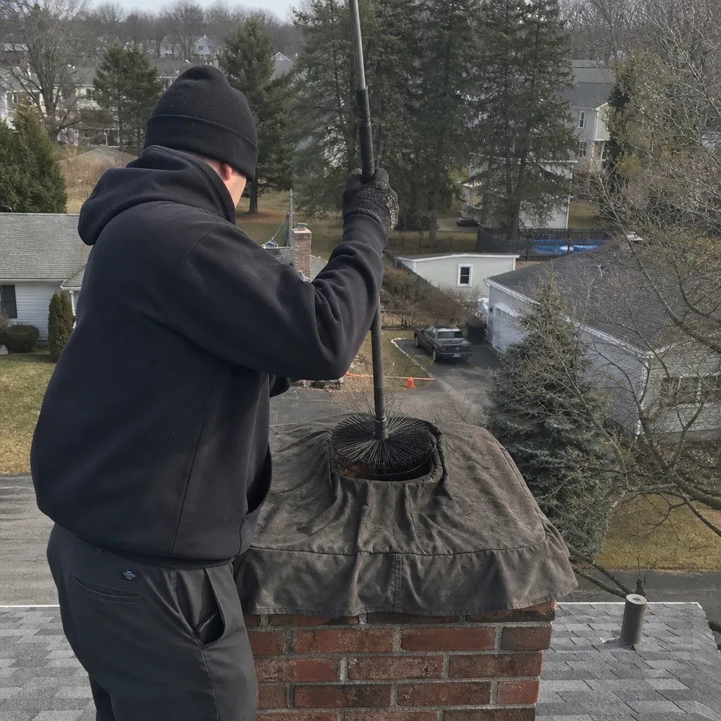 Professional chimney sweep cleaning a brick chimney with a brush tool
