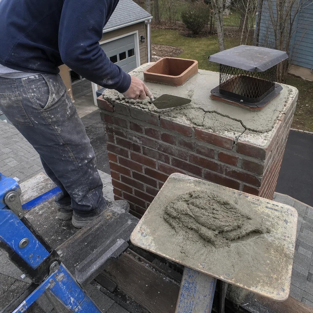 Professional technician performing brick chimney crown repair and mortar maintenance