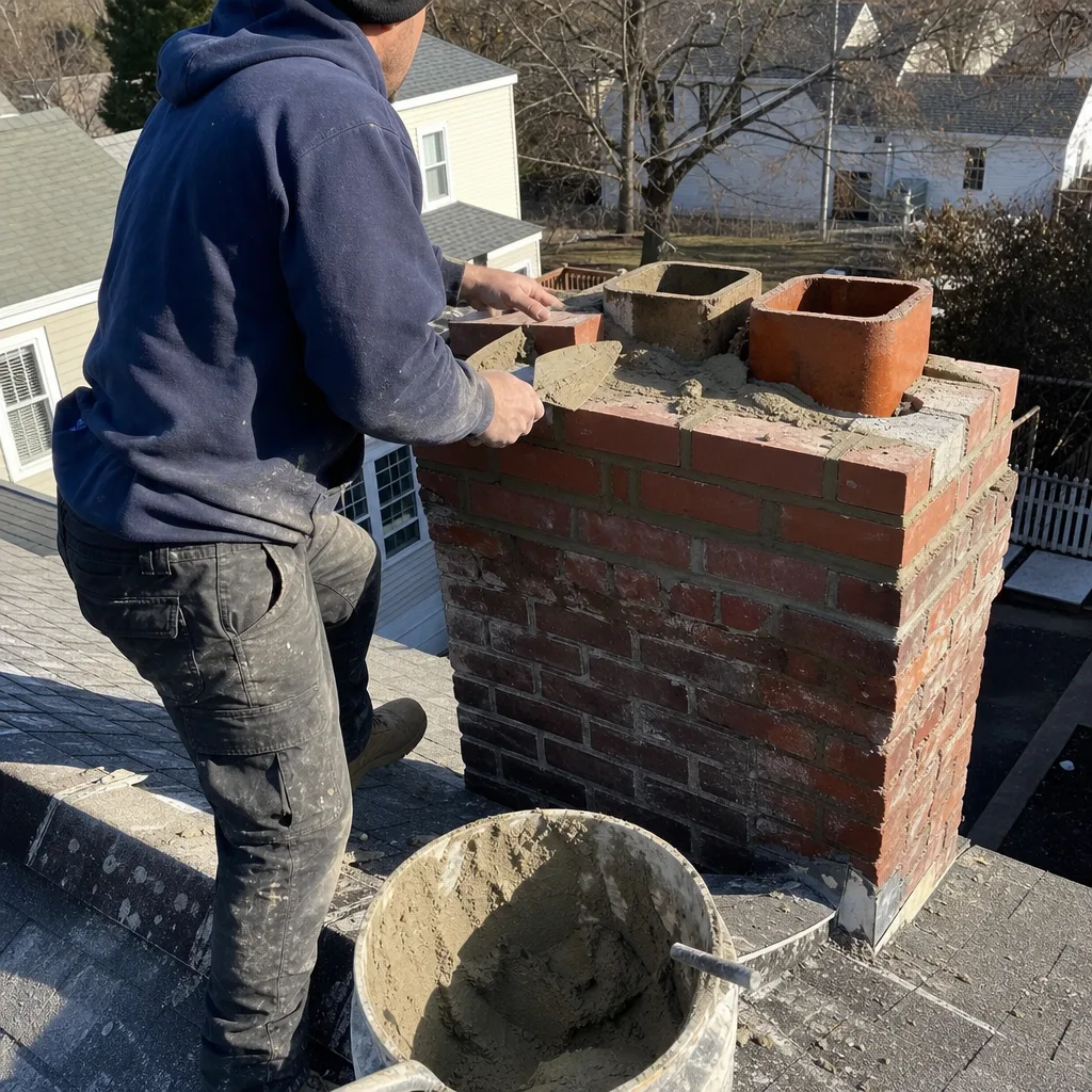 Mason performing professional brick chimney repair on a roof