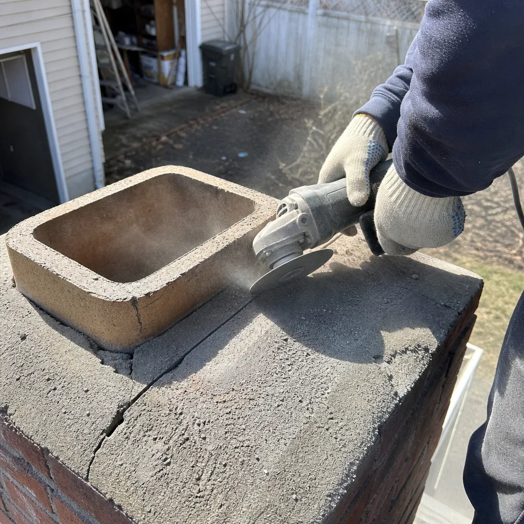 Professional contractor performing chimney repair on a brick chimney crown.