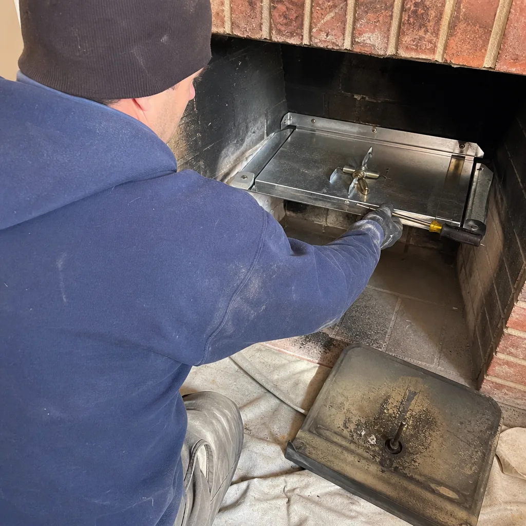 Professional chimney technician installing a fireplace damper seal