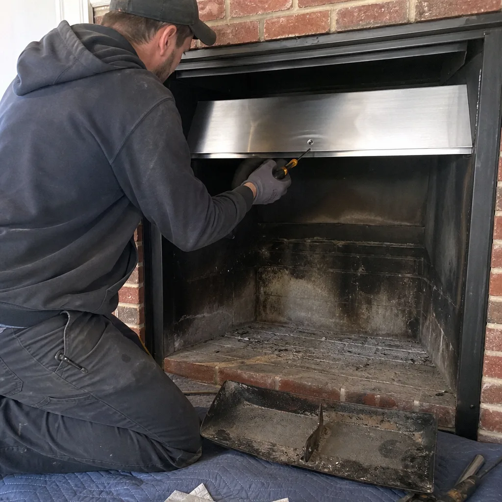Technician performing professional fireplace damper installation and chimney maintenance services.