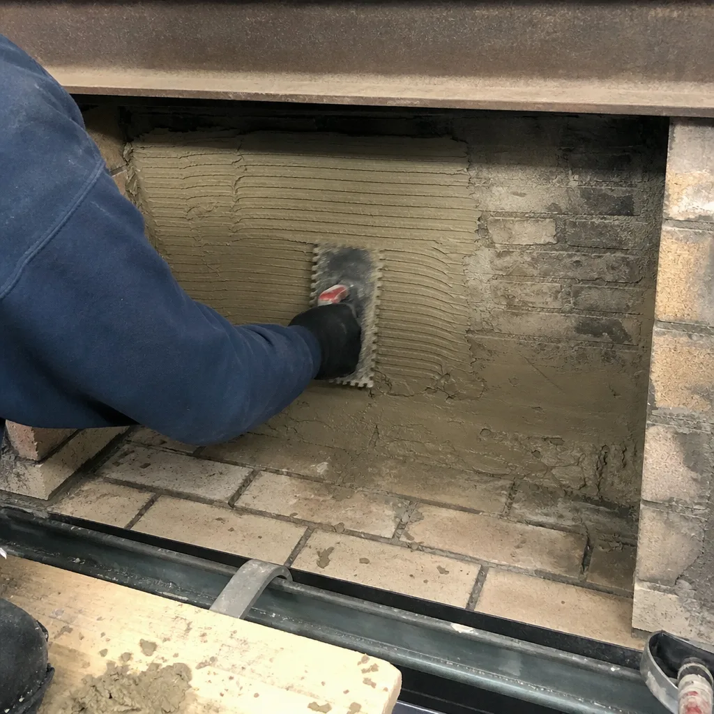 Professional applying mortar to fireplace wall during masonry service