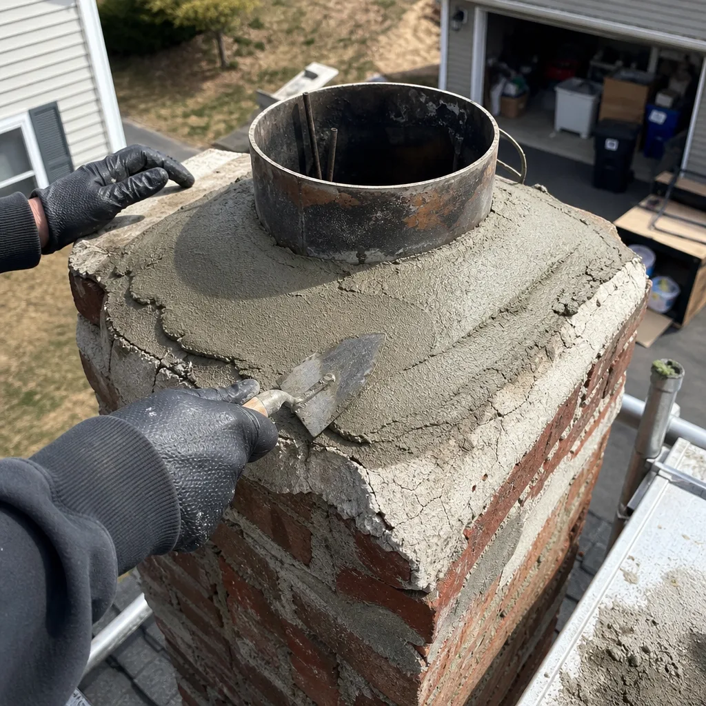 Professional repairing chimney crown and flue liner on brick chimney nationwide