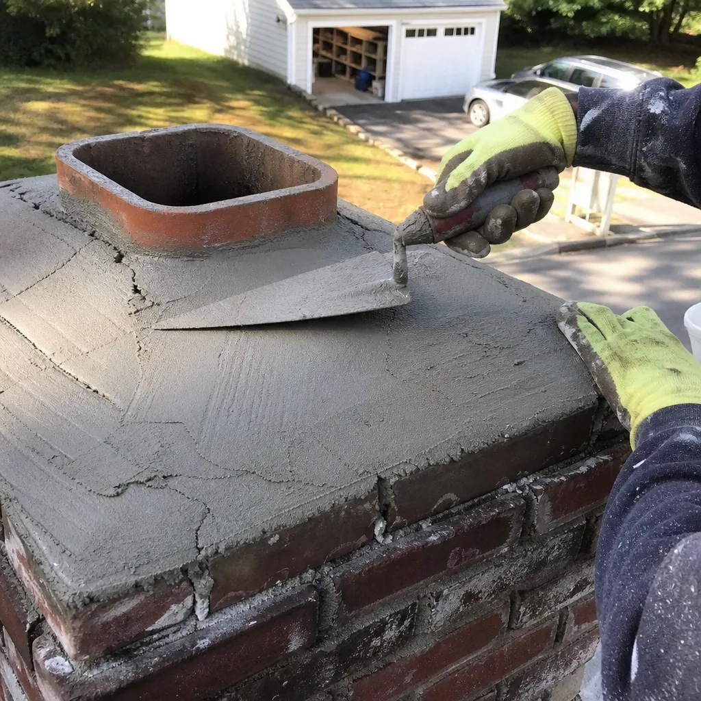 Professional contractor applying mortar to a chimney crown for repair. nationwide