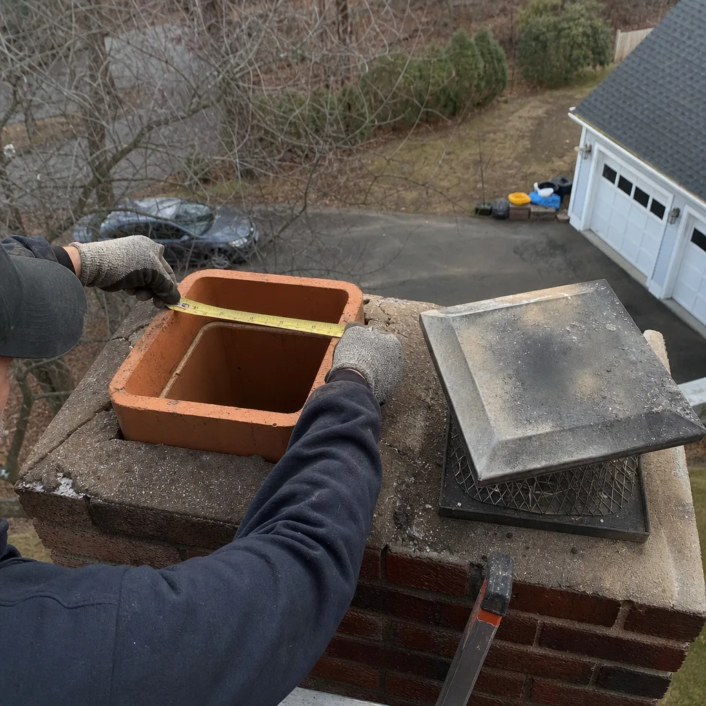 Technician measuring chimney flue for professional chimney cap installation nationwide