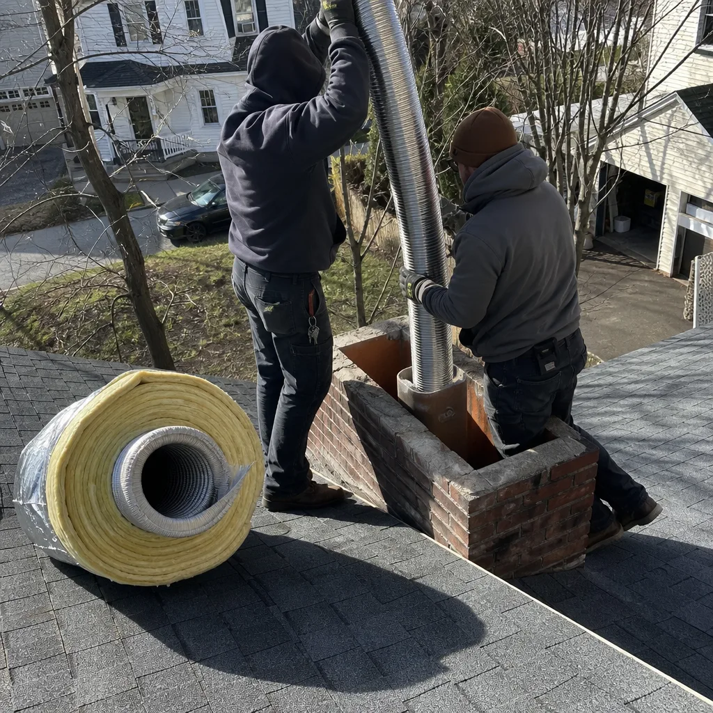 Two professional technicians installing a metal chimney liner on a roof nationwide