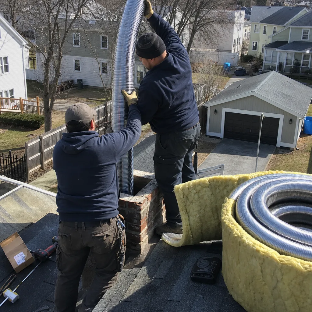 Two contractors performing a professional chimney liner installation on a roof. nationwide