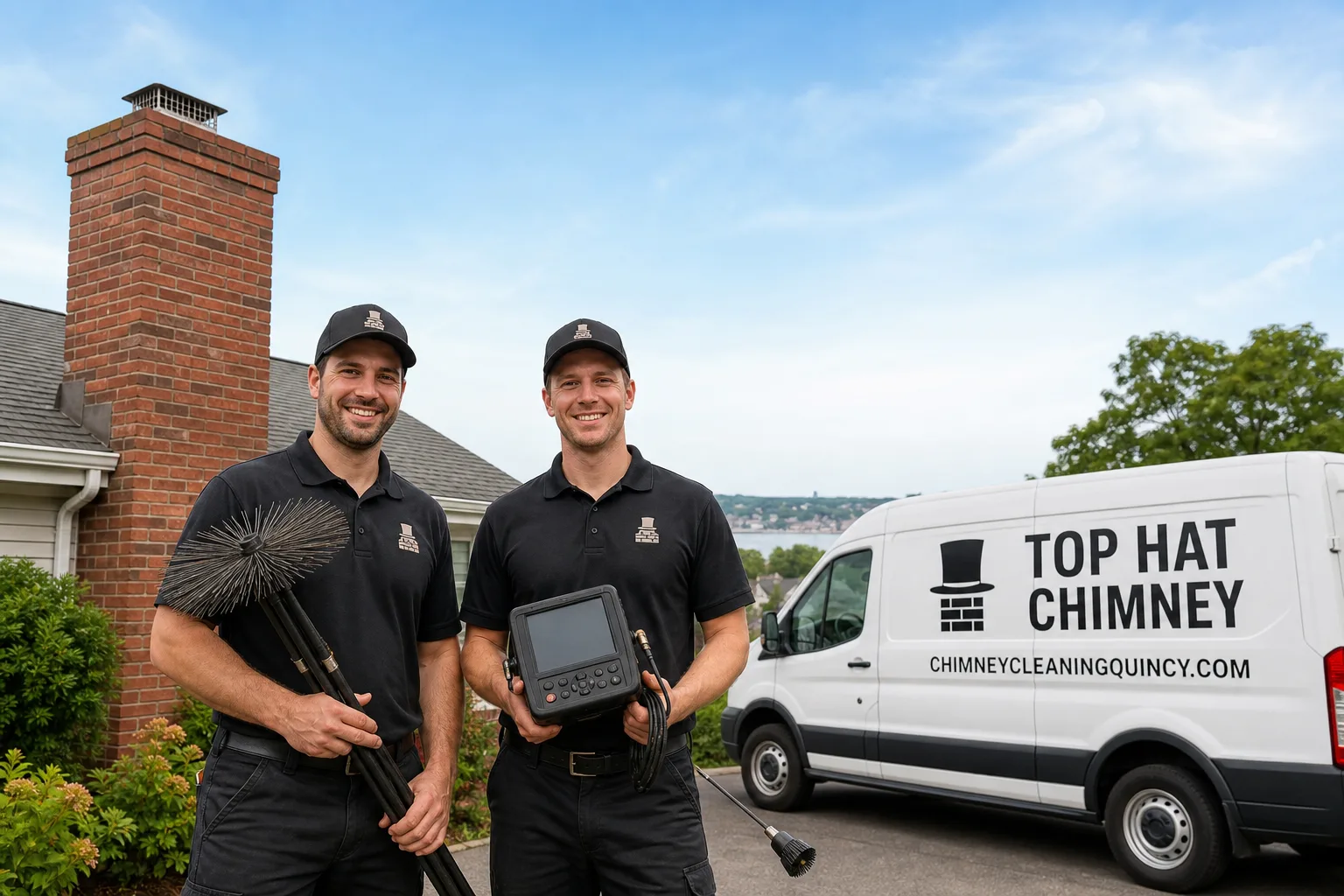 Top Hat Chimney chimney cleaning service vehicle and crew in Quincy, MA